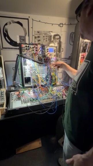 The modular rig with colored patch cables.