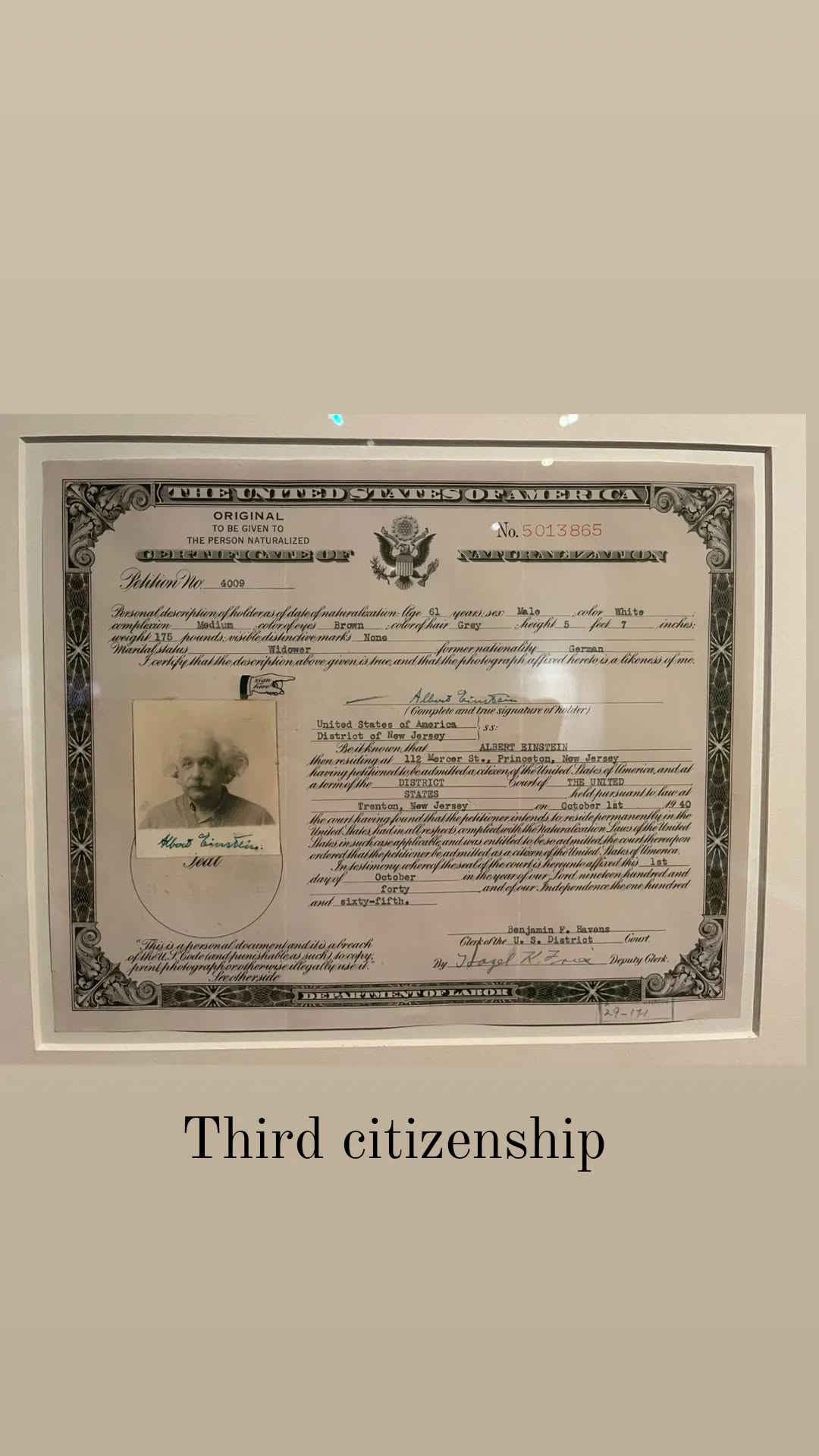US naturalization certificate